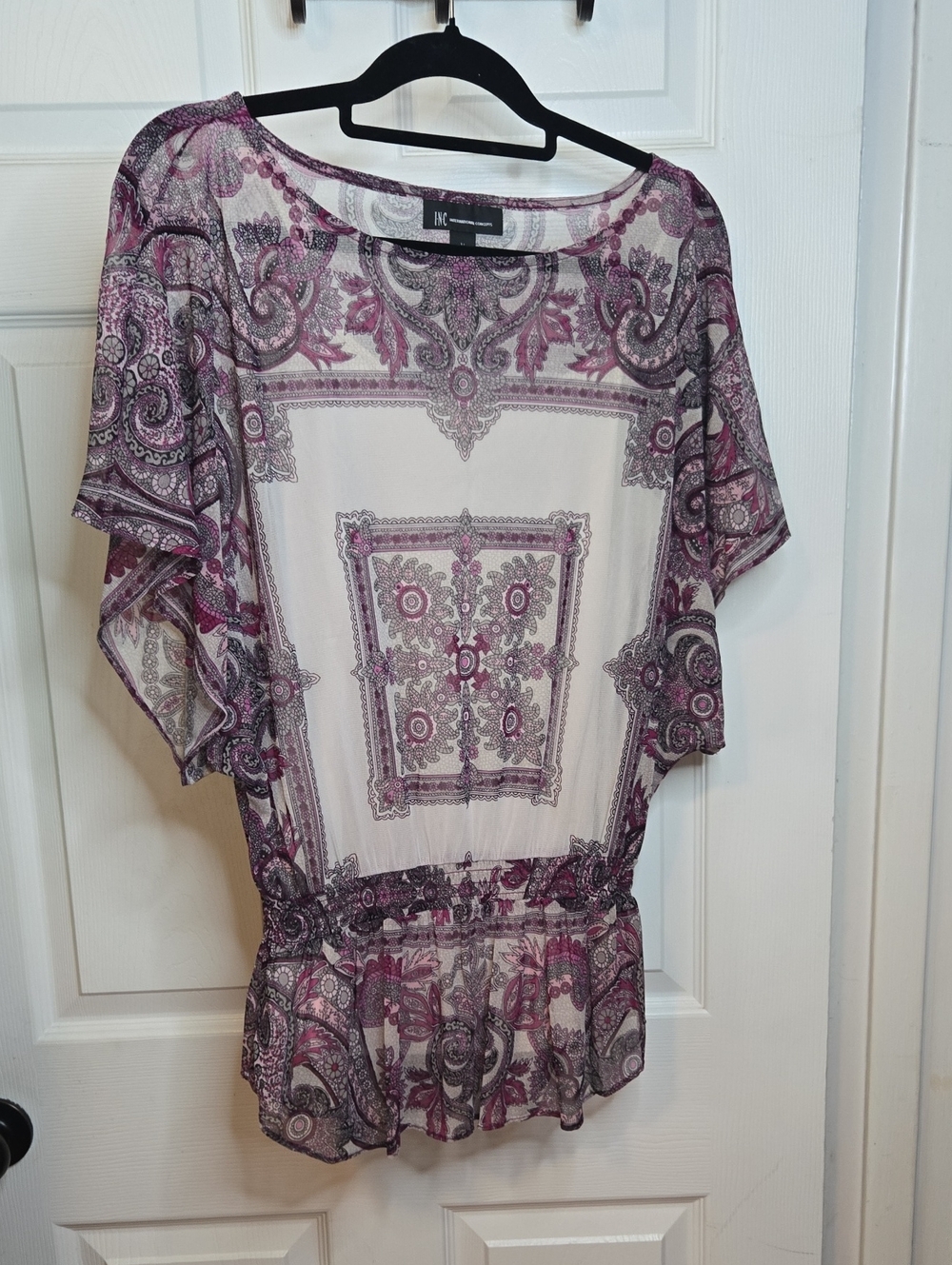 INC International Concepts Sheer Paisley Tunic in Purple and White